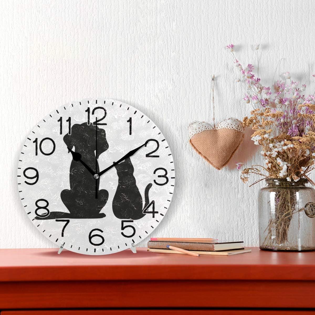 Black Cat and Dog are Friends Silhouette Animals Wall Clock Battery Operated Non Ticking Silent Quartz Analog Rustic Farmhouse Round Clock Retro Decor for Home Kitchen Living Room Bathroom