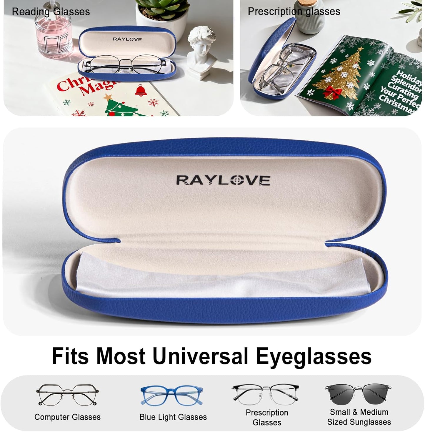RayLove Glasses Case, Unisex Hard Shell Eyeglass Case, PU Leather Protective Hard Eye Glasses Cases with Eyewear Accessories