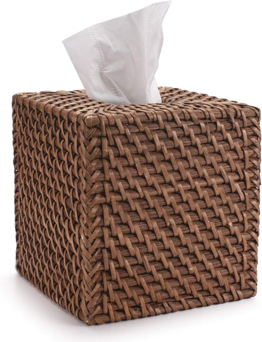 Rattan Tissue Box Cover Natural Woven Facial Napkin Holder Square (Honey Brown, 5.5x5.5x5.9 Inch)