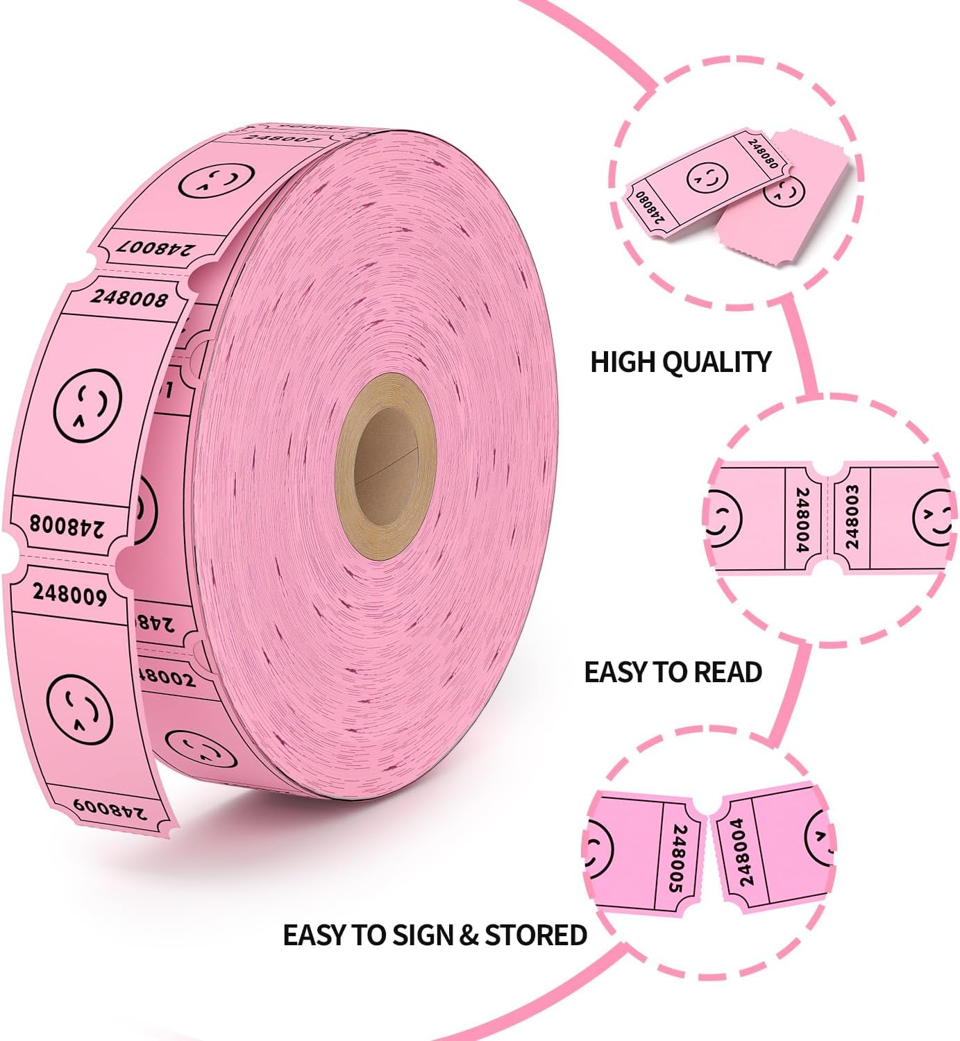 Methdic 1000 Smile Raffle Tickets Pink, Single Roll, Ticket for Events, Entry, Class Reward, Fundraiser & Prizes