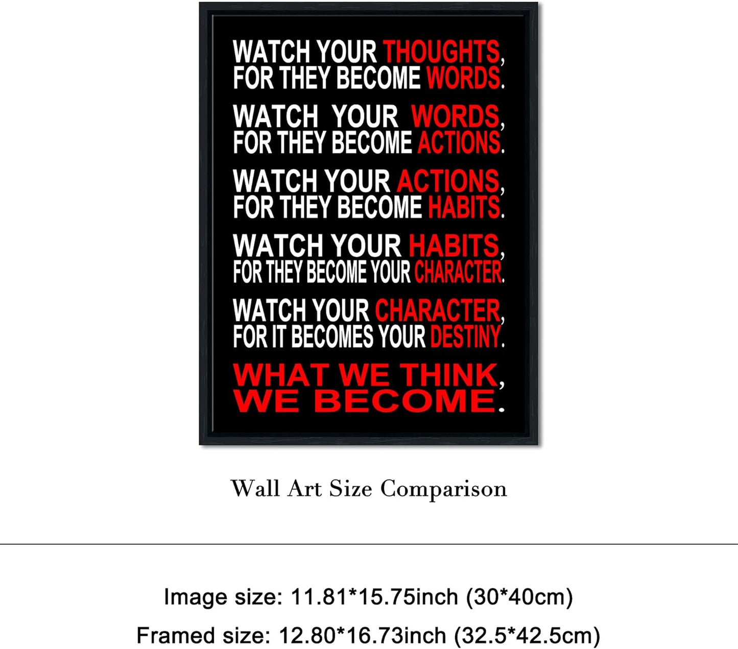 Pyradecor Black Framed Canvas Wall Art Inspirational Poster Office Positive Quotes Watch Your Thoughts Motivational Classroom Artwork for Living Room Home Decorations