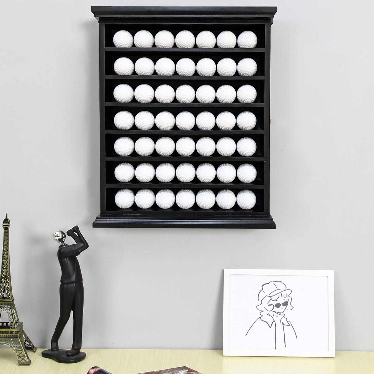 Golf Ball Display Cabinet | Holds 49 Balls | Ideal Collector Gift | Elegant Wall & Table Mount | Solid Wood | Perfect for Enthusiasts Golf Ball Diplay Case Shadow Box for 49-Ball Display Cabinet