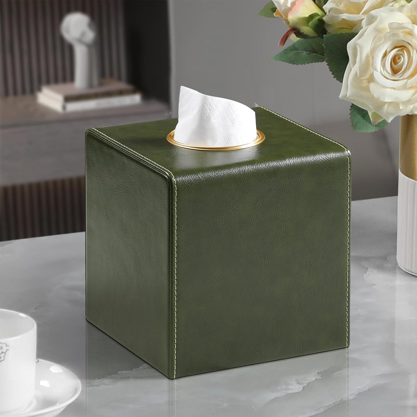 Square Tissue Box Cover, Luxury PU Leather Tissue Holder with Magnetic Closure (Dark Green)