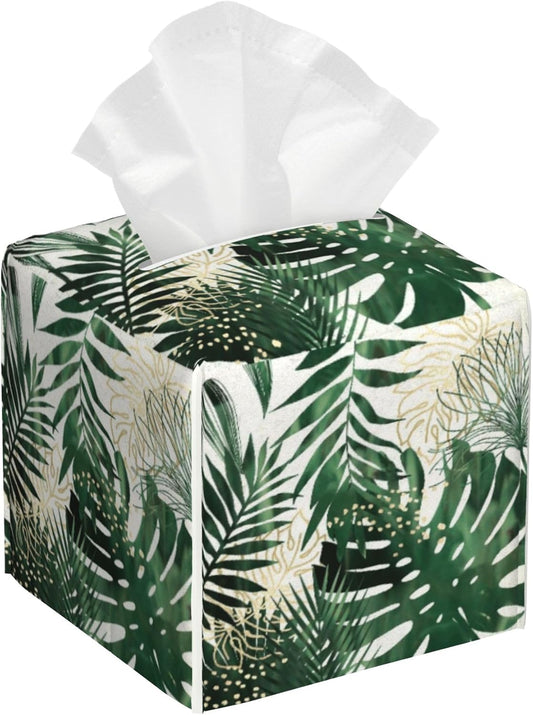 Exotic Palm Leaves Tissue Box Cover,Tissue Box Holder Square with Bottom Belt,Waterproof Leather Organizer Portable Decorative Facial Paper for Bedroom Night Stand Office Desk,5.2" x 5.2" x 5.2"