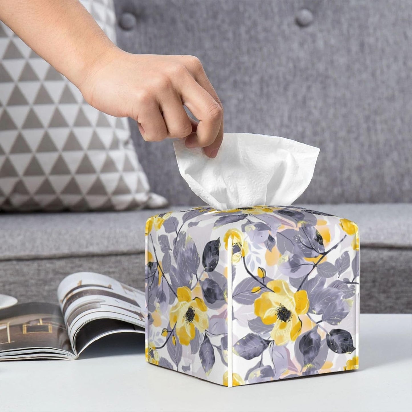 Tissue Box Cover Yellow Flower Grey Leaves Square PU Leather Tissue Box Holder for Car Bathroom Bedroom Desk Tabletop Decor