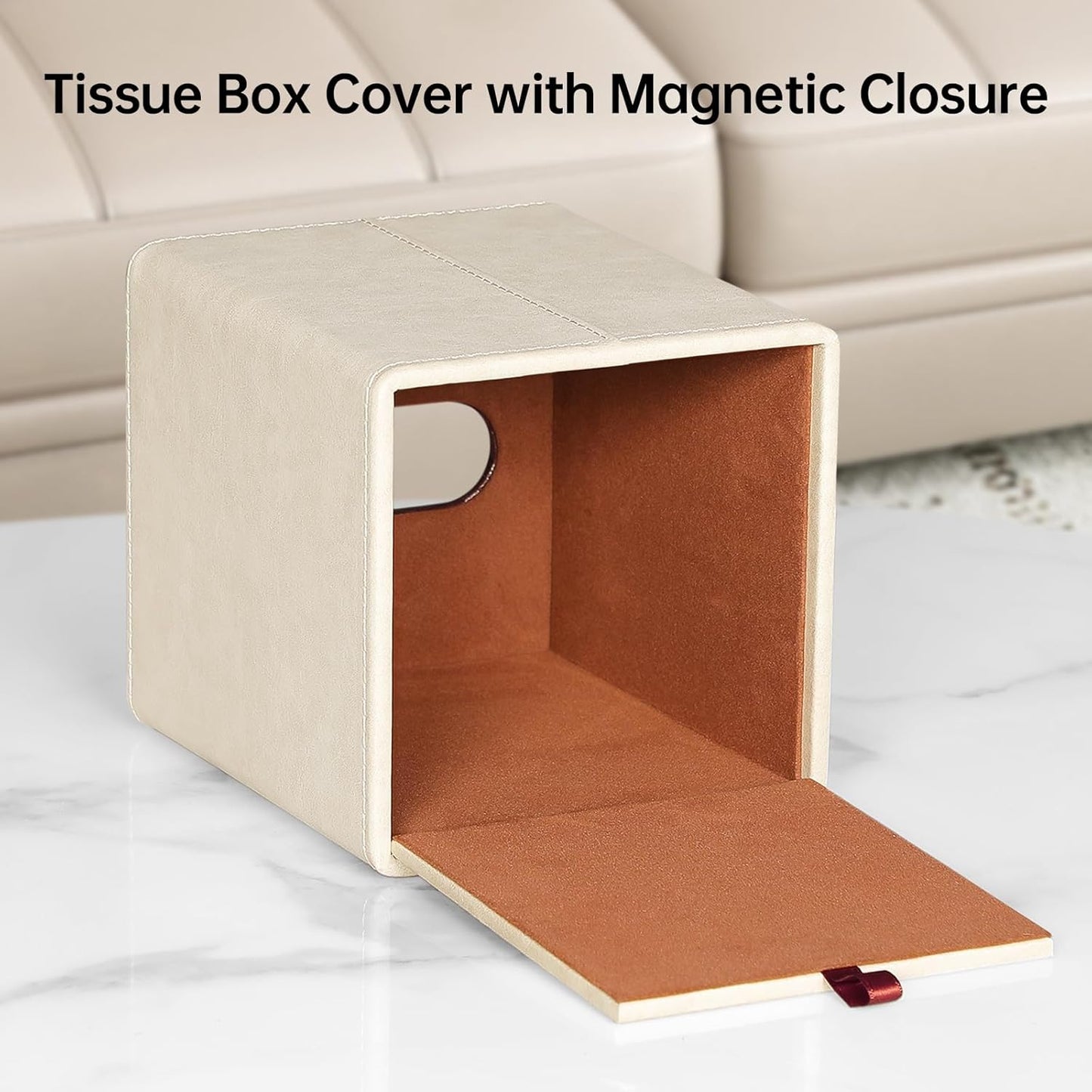 PU Leather Tissue Box Cover Square Tissue Box Holder with Magnetic Closure (Beige)