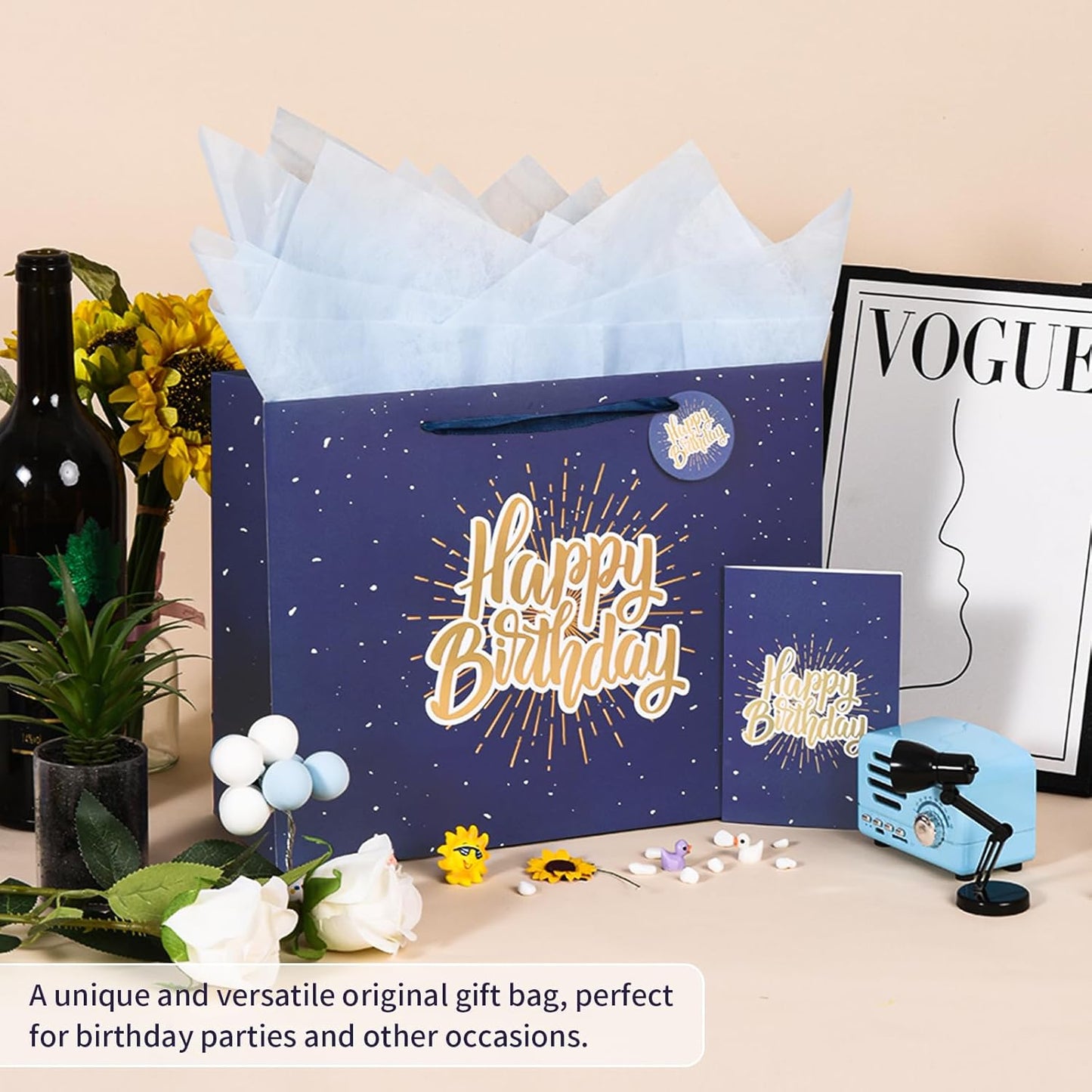 13" Blue Happy Birthday Gift Bag with Tissue Paper and Greeting Card for Party,Happy Birthday Gift Bag for Men Women, Gift Bags Medium size(1 PCS Blue)