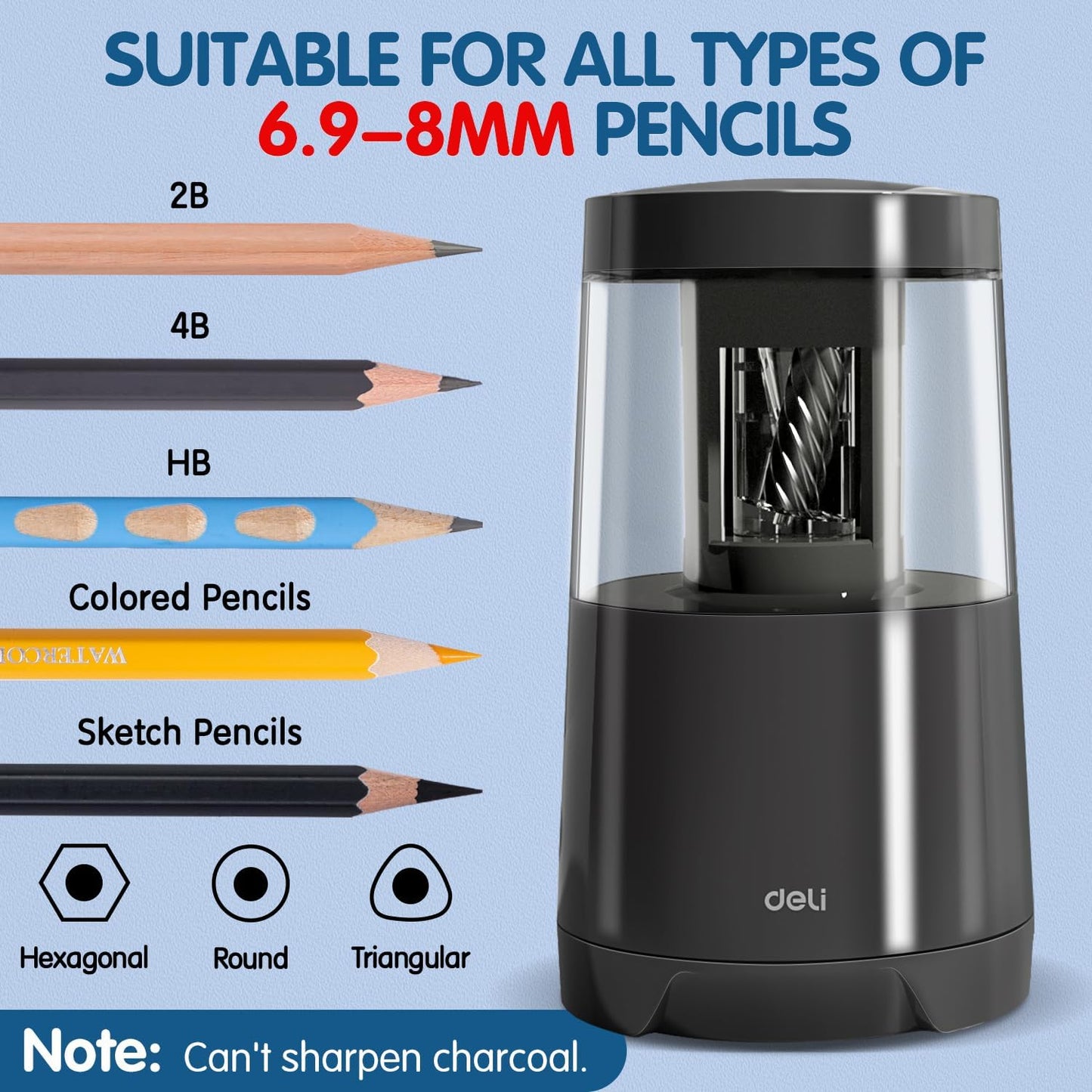 Deli Electric Pencil Sharpener, Automatic Pencil Sharpeners for No.2 Pencils Colored Pencils, Auto Stop, USB & Battery Operated for Kids, Students, Classroom, Home and Office, Black