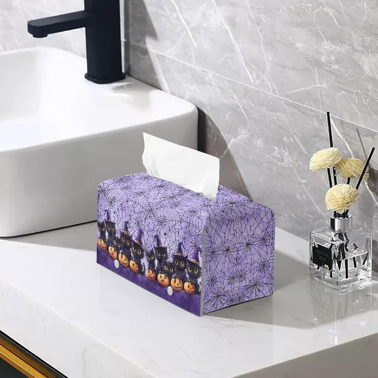 Halloween Tissue Box Covers Rectangle for Bathroom Cute Cat Pumpkin Pattern Pretty Tissue Holder with Bottom Belt Portable for Travel PU Leather Tissue Cover Decorative Organizer