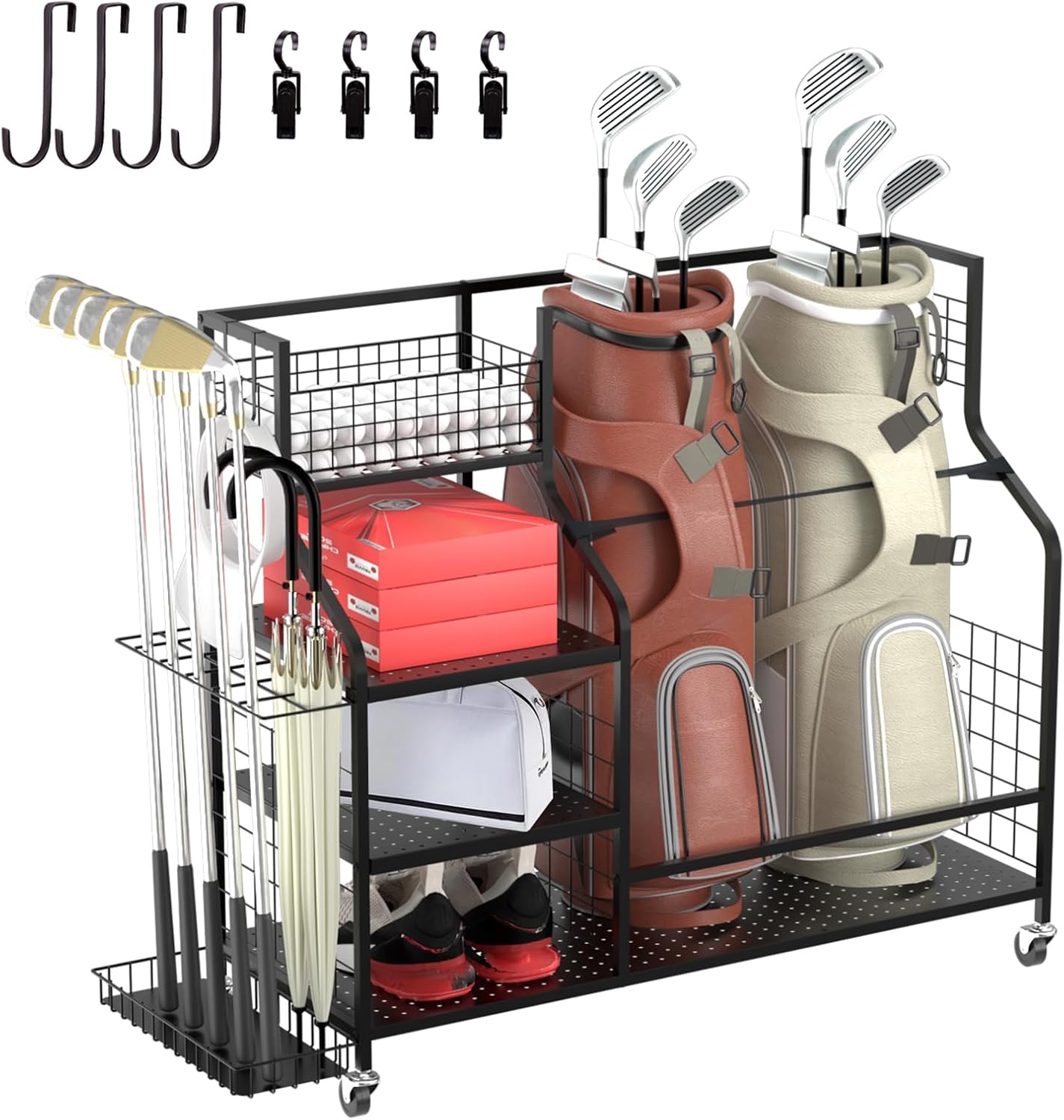 Golf Storage Rack Golf Bag Organizer for Garage, Golf Club Holder Extra Large Golf Bag Stand for 2 Golf Bags、Golf Equipment Accessories