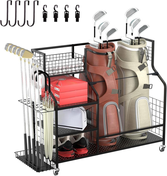Golf Storage Rack Golf Bag Organizer for Garage, Golf Club Holder Extra Large Golf Bag Stand for 2 Golf Bags、Golf Equipment Accessories