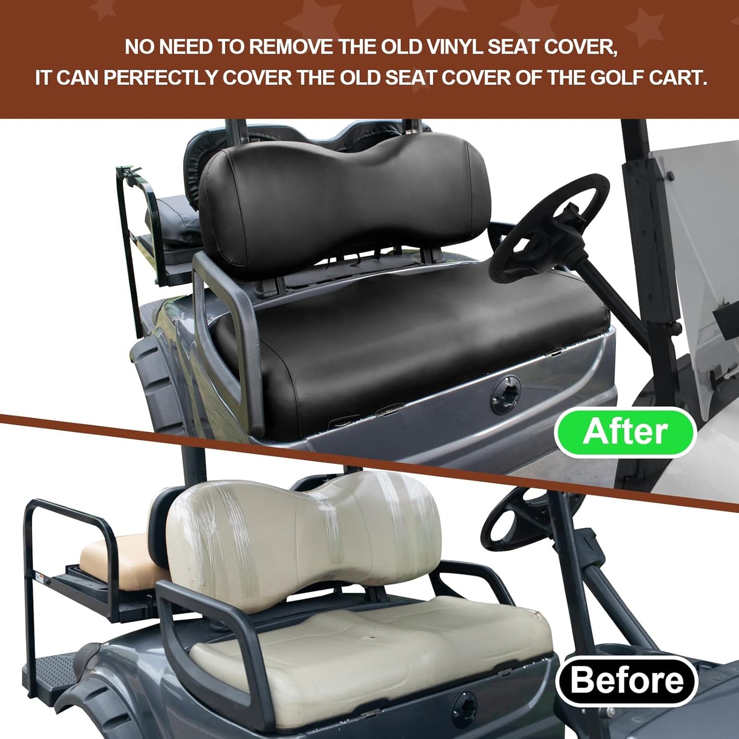 NOKINS Golf Cart Seat Covers Leather Front Seat Cover Fit Yamaha Drive&Drive 2,Smooth and Simple Style,No Stapler,Golf Cart Vinyl Waterproof Replacement Seat Cover, Black