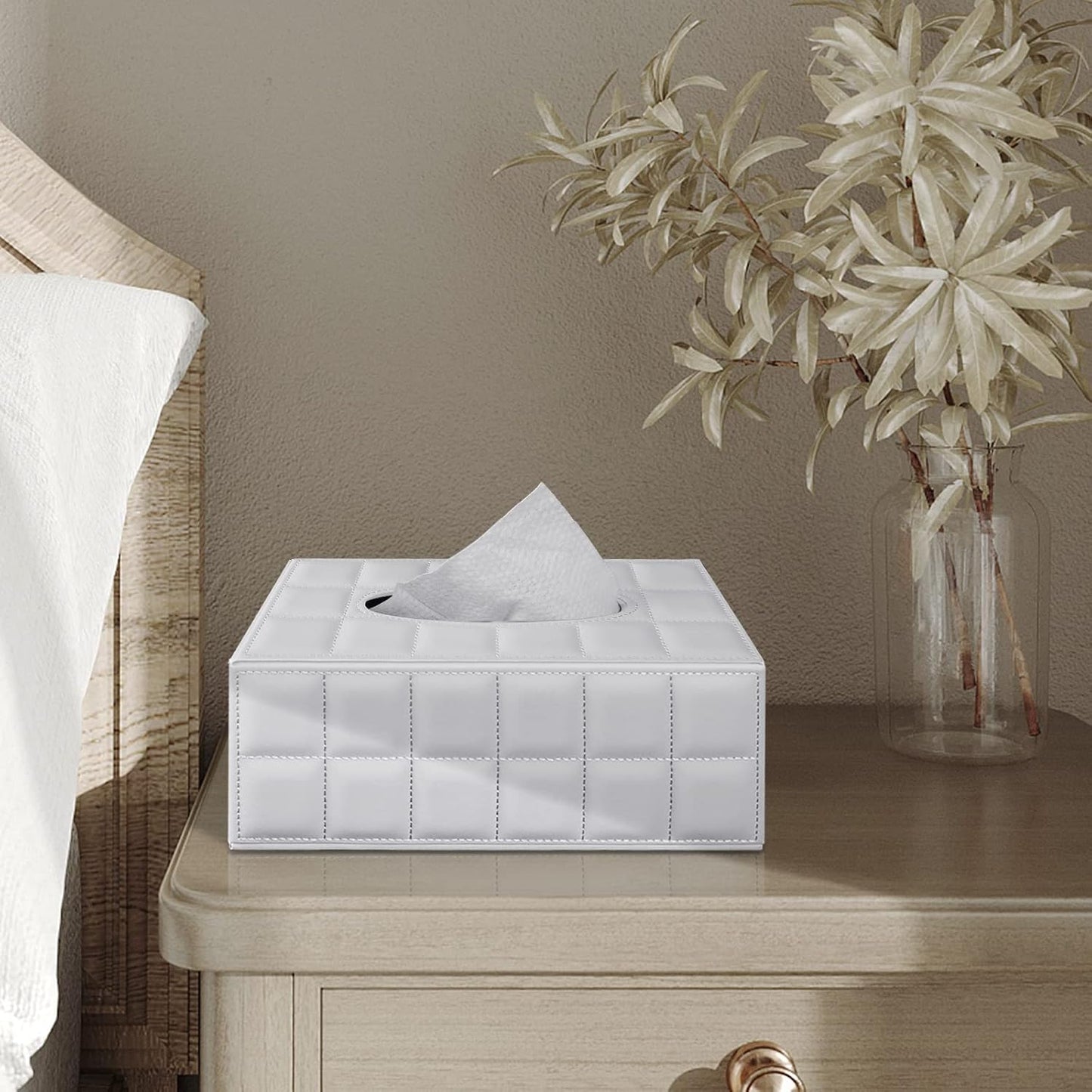 Tissue Box Cover Rectangle Tissue Box Holder PU Leather Facial Organizer with Magnetic Bottom,Decorative Napkin Caddy for Vanity Dresser Night Stand Table Countertop Home Office Car,White