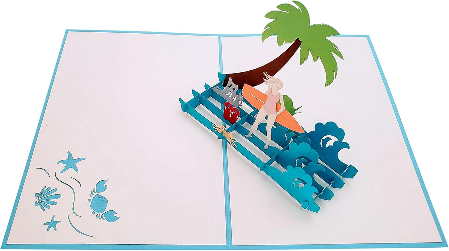 iGifts And Cards Wave Rider 3D Pop-Up Greeting Card, 5" X 7", Unique Girl Surfing Design for Beach Lovers, Birthday, Special Occasions, and Celebrations