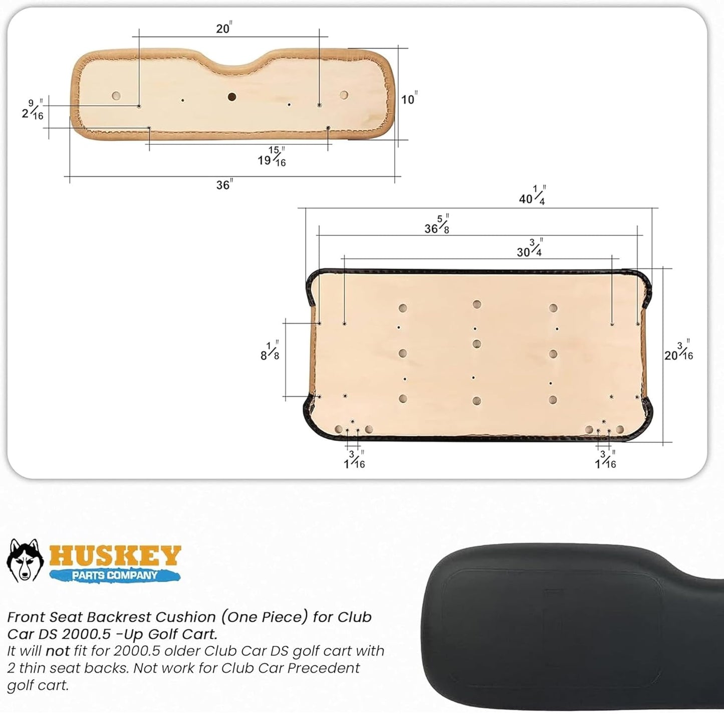 Huskey Parts Company Golf Cart Seat Cushion for Front Seat Lean Back, Black Color for EZGO Medalist, TXT 1994 to 2013, Golf Cart Front Seat Replacement with Mounting Hardware