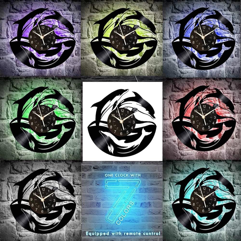 KingLive Black Record LED Clock Art Dolphin Wall Clock 12 inches Vinyl Record Art Wall Decor Clock Black Modern Decoration Wall Clock Home Office Kids Bedroom Wall Creative Gifts