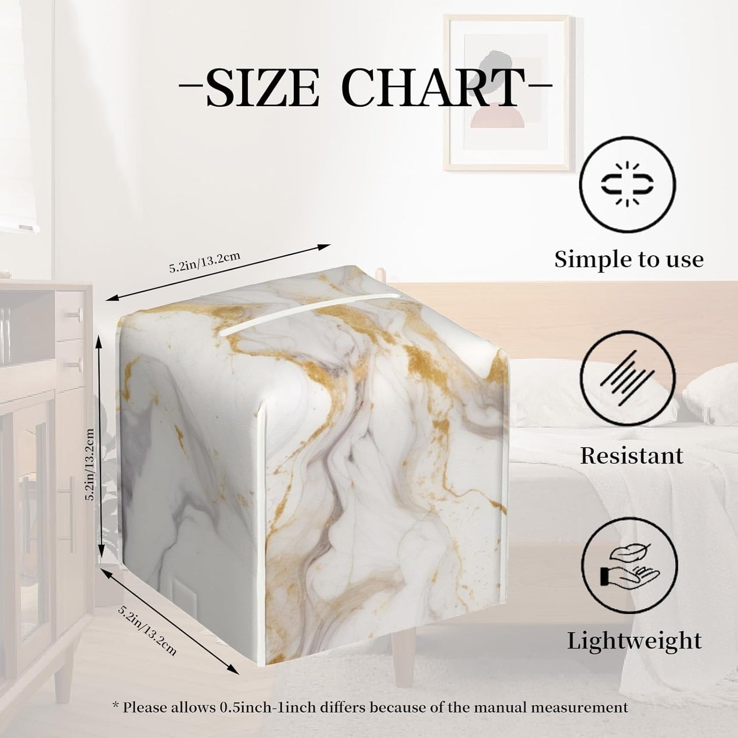 Tissue Box Cover,Grey Golden Marble Pu Leather Square Tissue Box Cover Case Organizer Cube Holder for Bathroom Vanity Countertop Night Stands Office Desk & Car 5.2X5.2X5.2''