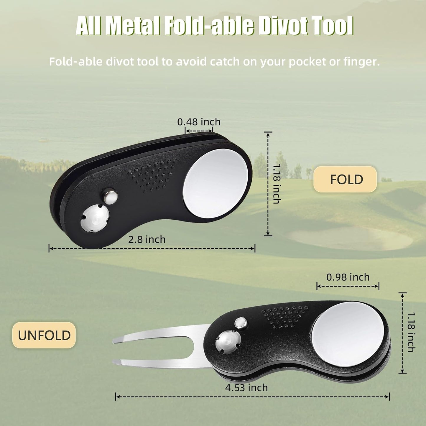 Mile High Life Golf Divot Repair Tool, All Metal Foldable Divot Tool with Pop-up Button & Magnetic Ball Marker