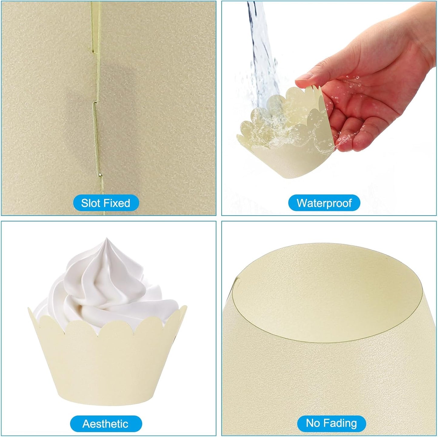 PATIKIL Cupcake Wrappers Paper, 50 Pack Baking Cups Standard Wave Decoration for Anniversary Birthday Weddings and Parties, White/Gold