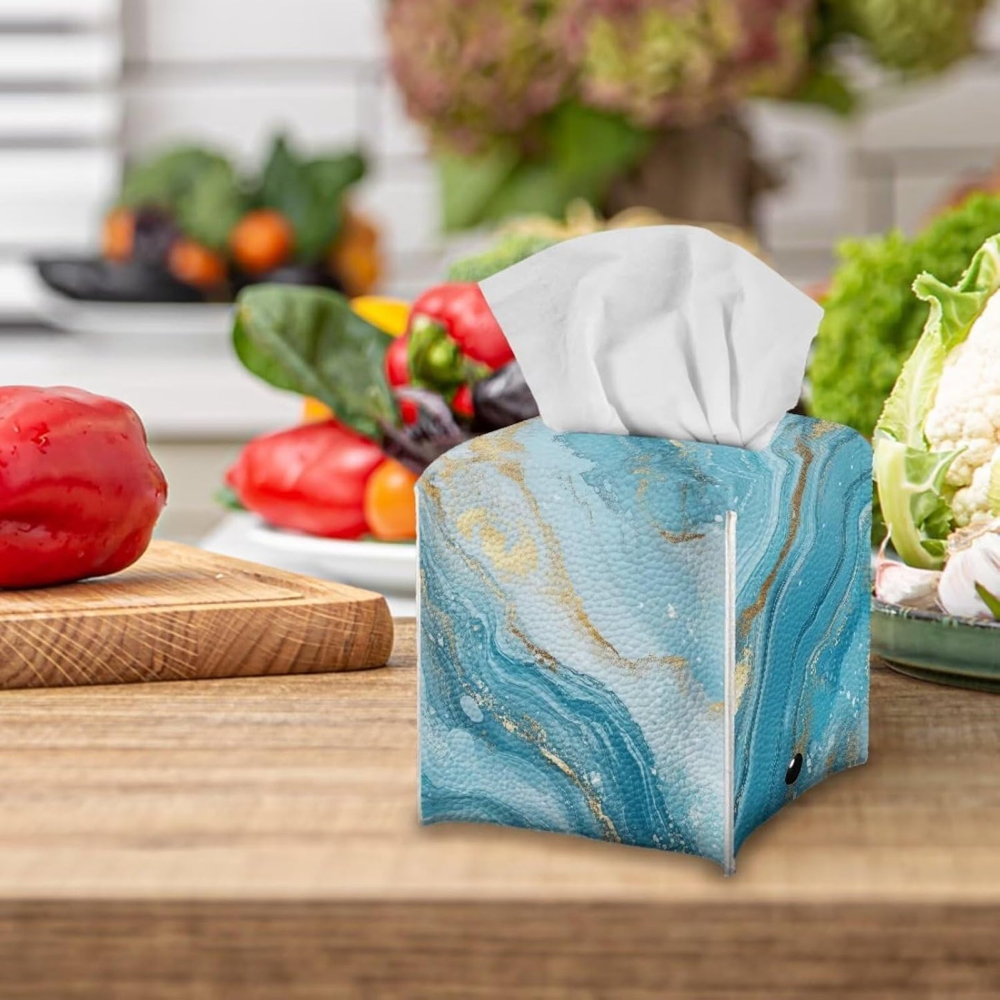 Marble Print Tissue Box Cover 5x5x5 inch Square PU Leather Facial Tissue Box Holder for Dresser Bathroom Decor Foldable Easy to Storage or Take