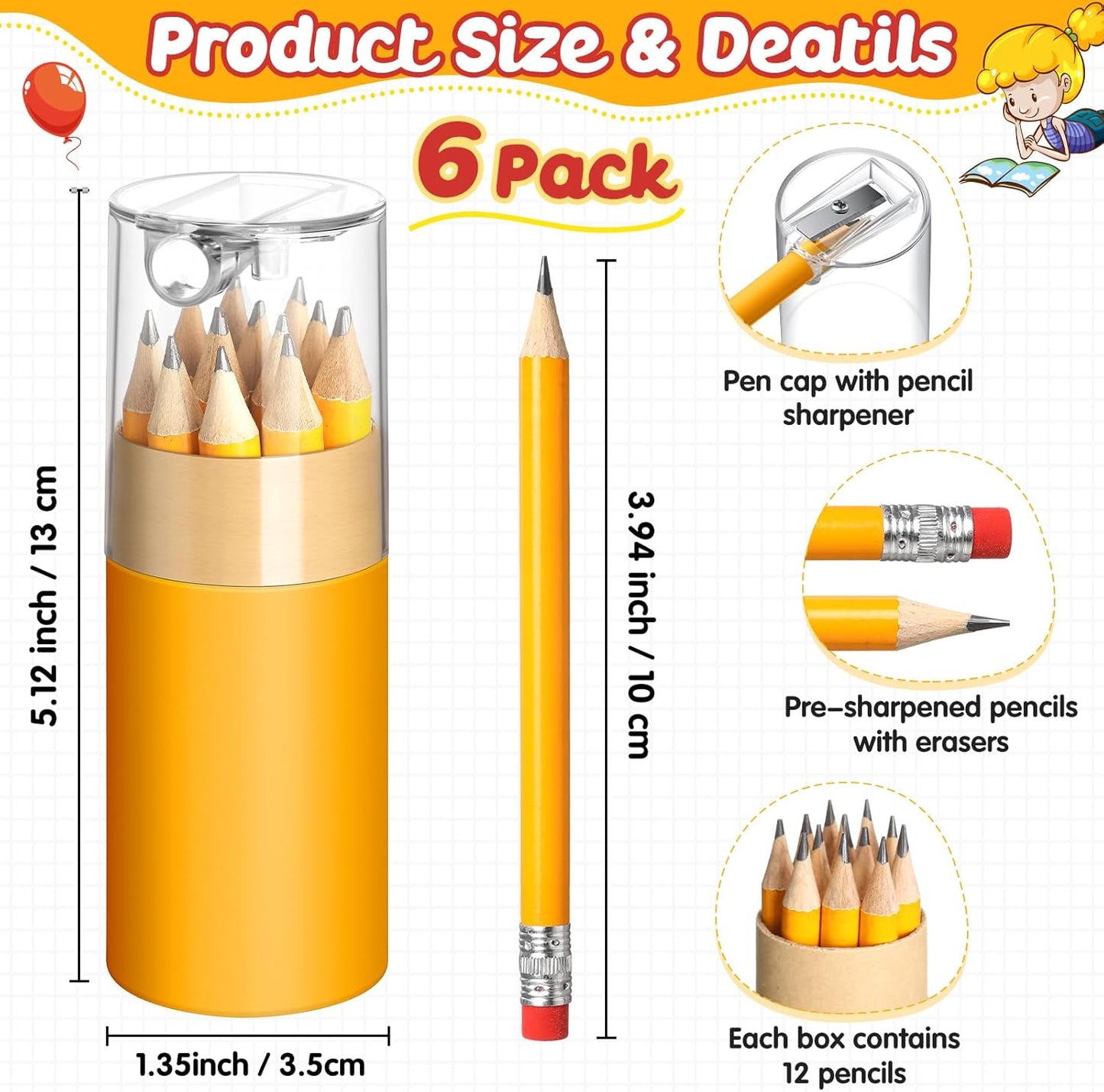 6 Pack 72 Pcs Mini Golf Pencils Bulk with Eraser and Sharpener 2HB Pre-sharpened Yellow Half Pencils Short Pencil Gift for Kids Back to School Party Favor Classroom Supplies Golf Event