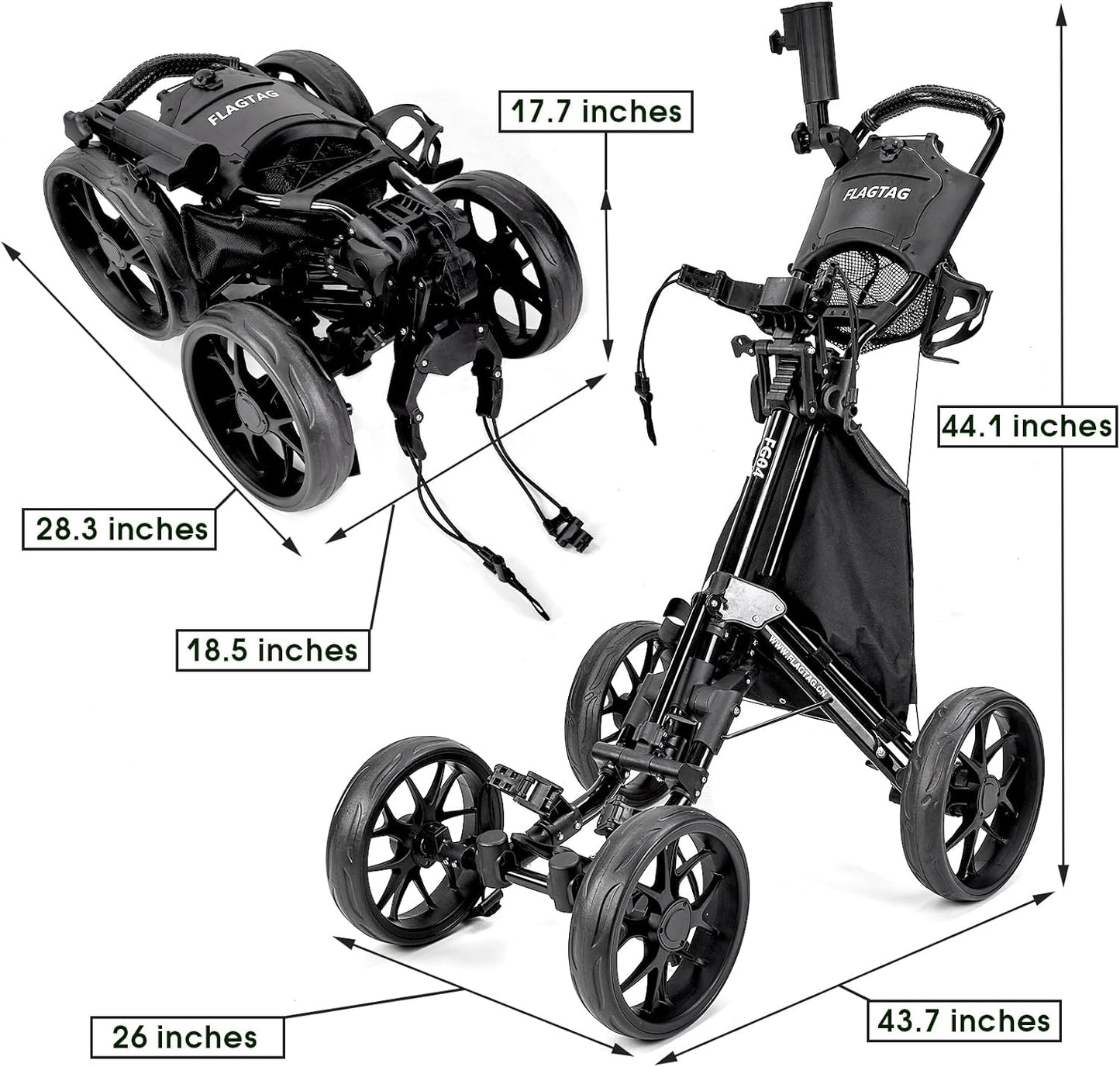 Golf Push Cart 4-Wheels,Folding Golf Cart, Golf Pull cart with Cup Holder,Umbrella Holder,Cooler Bag, Foldable with one-Click,Handle Height Adjustable,Drink Holder,Walking Push cart