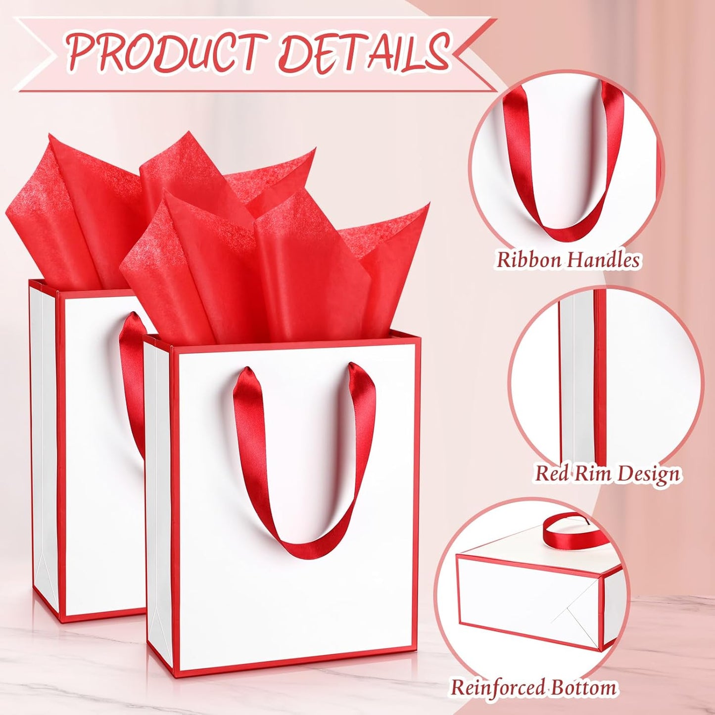 Yeaqee 24 Pack Metallic Paper Gift Bags with Handle and Tissue 9x7x3.1 Gold Foil Welcome Favor Bags Return Gifts for Wedding Fall 5 Senses Christmas Bridesmaid Birthday(White, Dark Red)