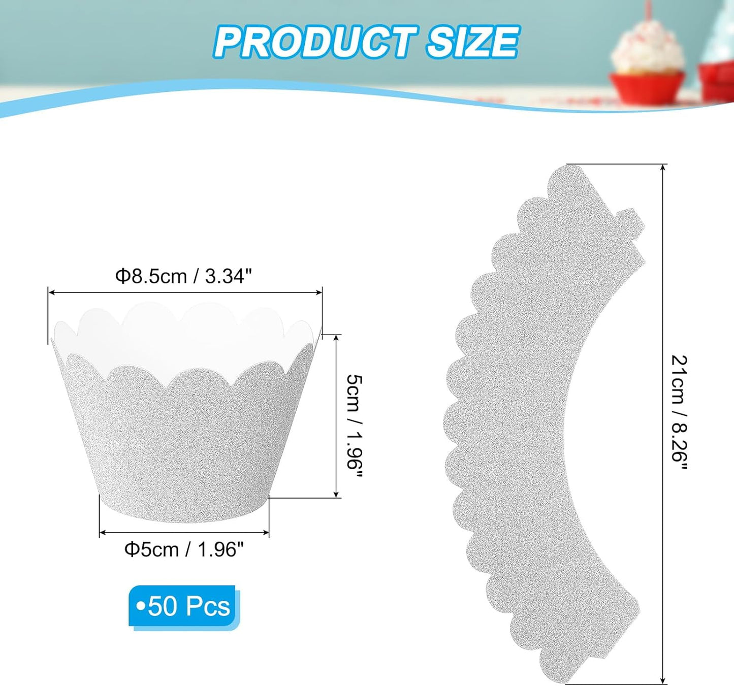 PATIKIL Cupcake Wrappers Paper, 50 Pack Baking Cups Standard Wave Decoration for Anniversary Birthday Weddings and Parties, Light Silver