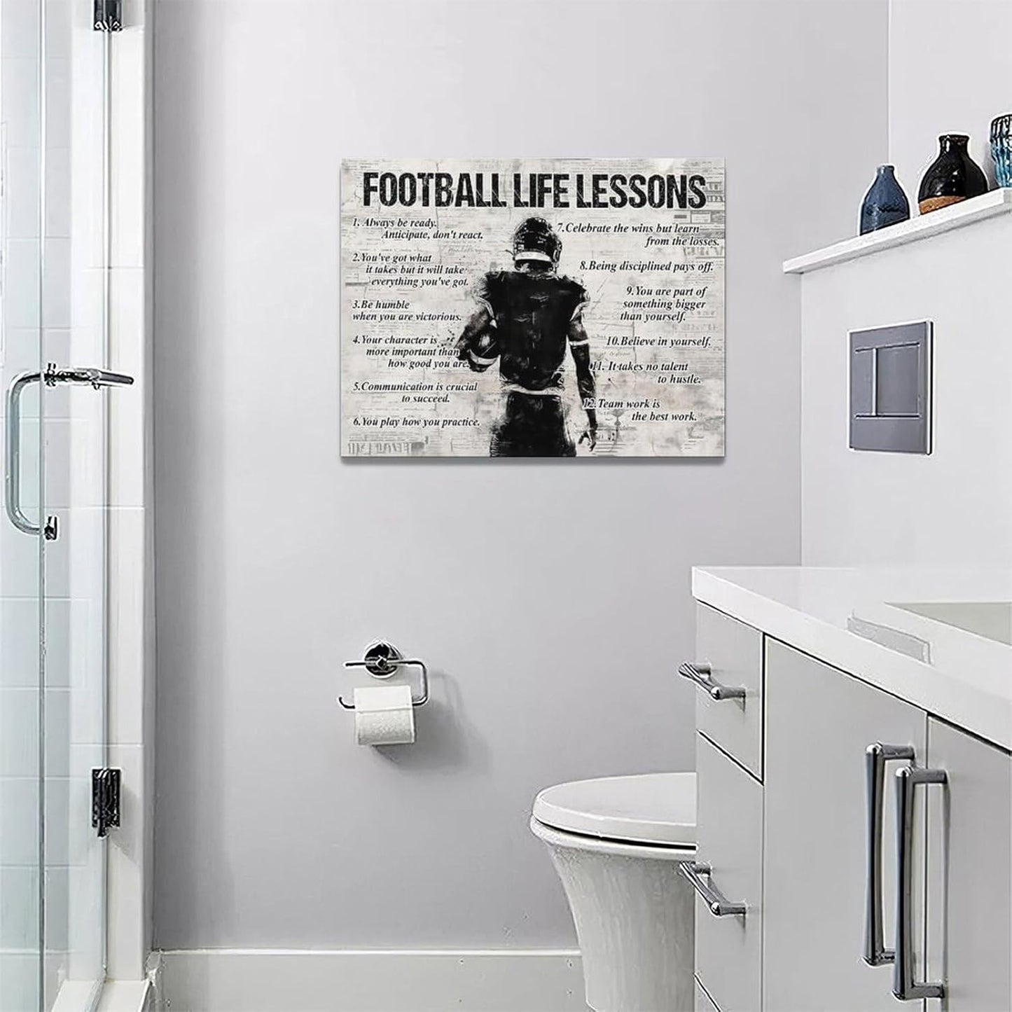 Football Sports Wall Art Football Life Lessons Wall Decor Football Sign Retro Poster Boy Men Room Motivational Decorations Canvas Print Painting Artwork for Bedroom Bathroom Living Room 16"x12"