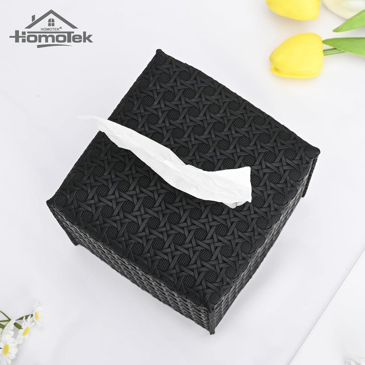 HOMOTEK 2 Pack Tissue Box Cover, Square PU Leather Tissue Holder, Decorative Facial Tissue Cube Paper Organizer Dispenser for Bathroom, Night Stands, Desk, Car 5X5X5'' - Rattan Weave,Dark Black