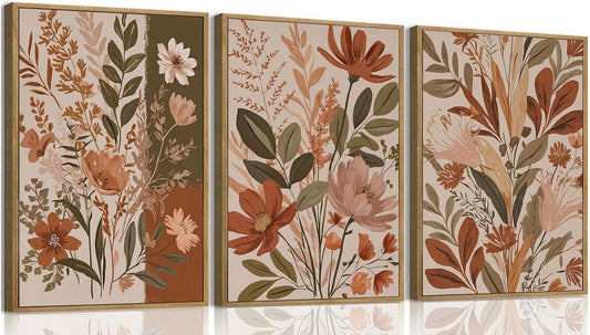 MTFBWY Framed Boho Botanical Wall Art Set of 3 – Earth Tone Floral Canvas Prints, Neutral Beige Abstract Flower Pictures for Home Living Room Bedroom Wall Decor, 16L x 12W