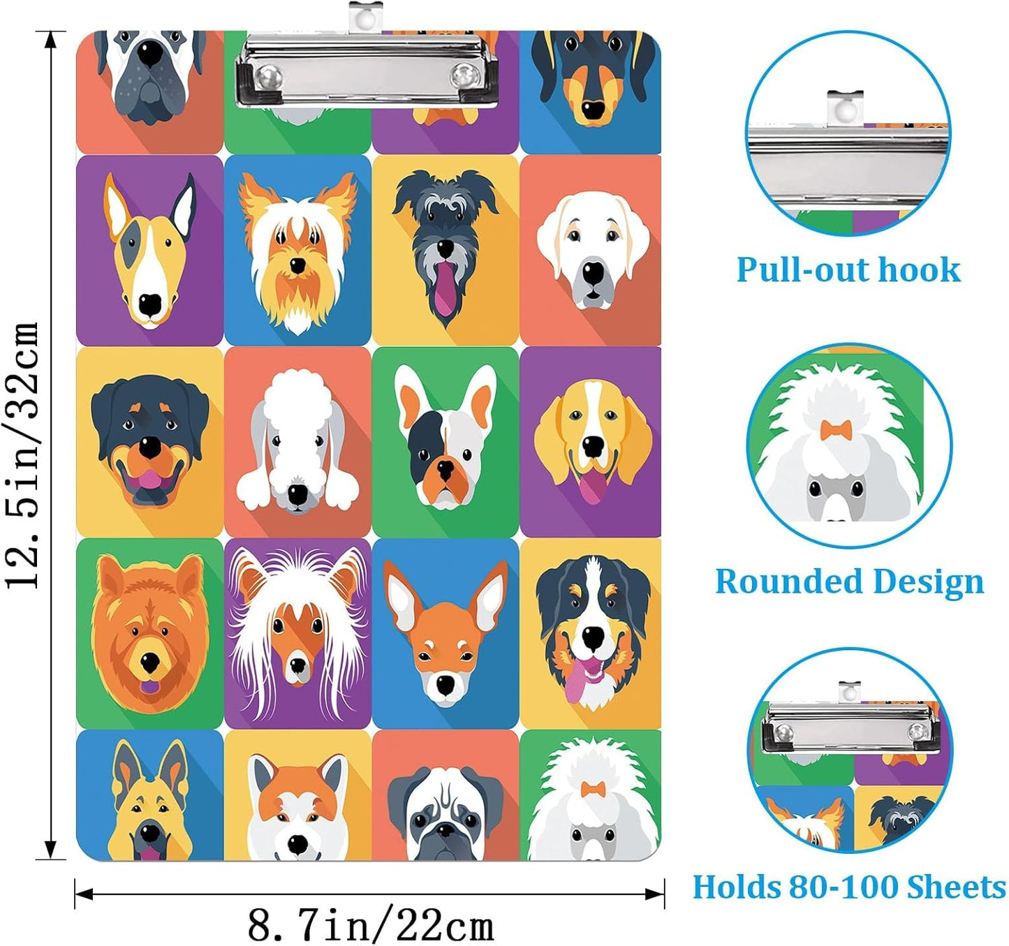 Cartoon Dogs Clipboard Standard A4 Letter Size 12.5 x 8.7 Plastic Clipboard Low Profile Clip Retractable Hanging Tab Decorative Clipboard