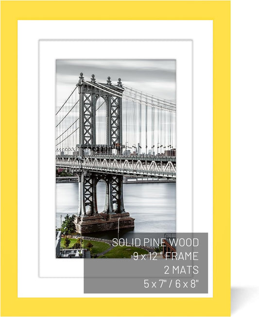 9x12 Solid Wood Picture Frames with 2 Mats for Wall Mounting or Table Top (Yellow)
