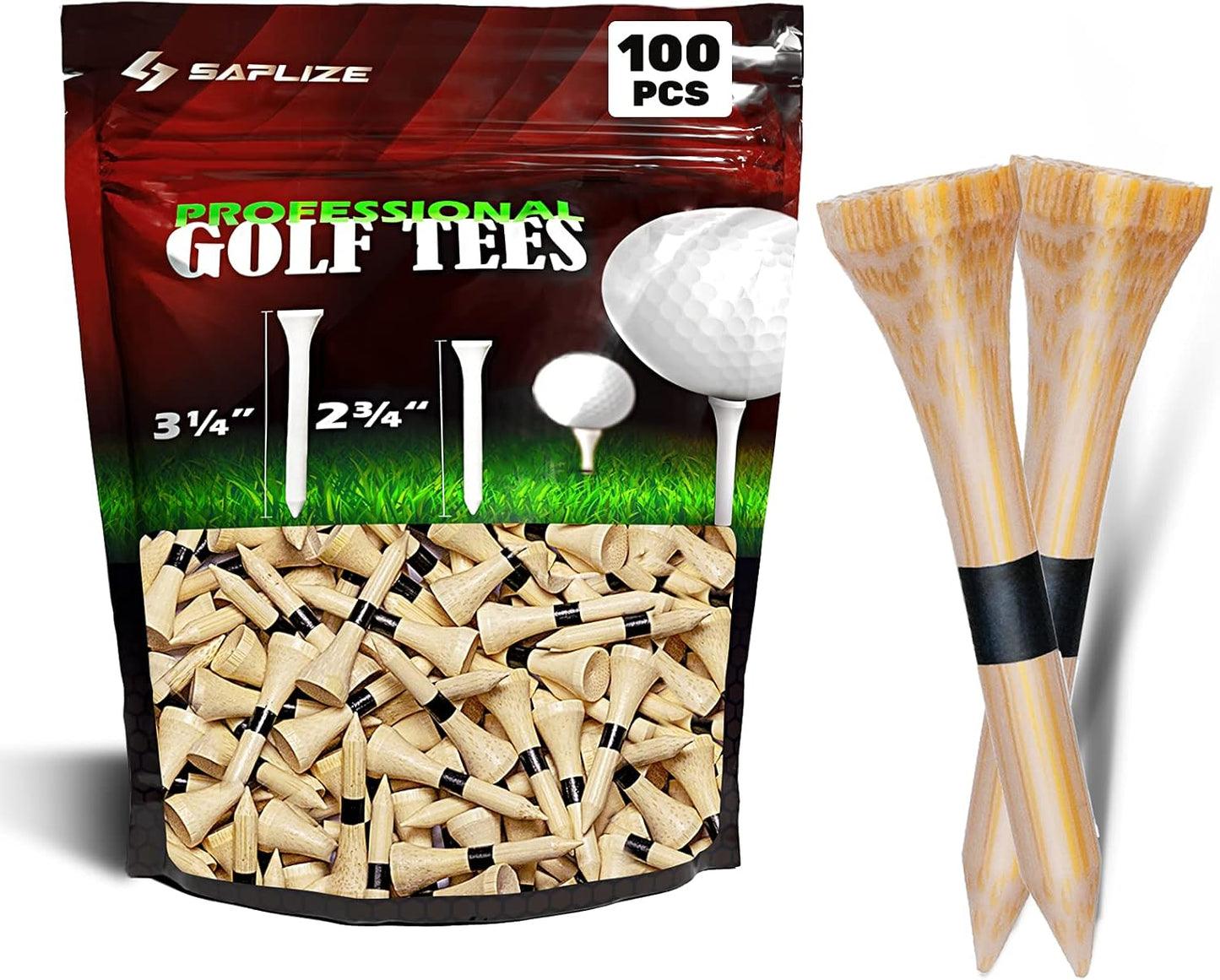 SAPLIZE Bamboo Golf Tees Pack of 100 or 150, Four Size Options (3-1/4", 2-3/4", 2-1/8", 1-1/2"), Stable and Reliable Golf Tees, Available in Natural Color
