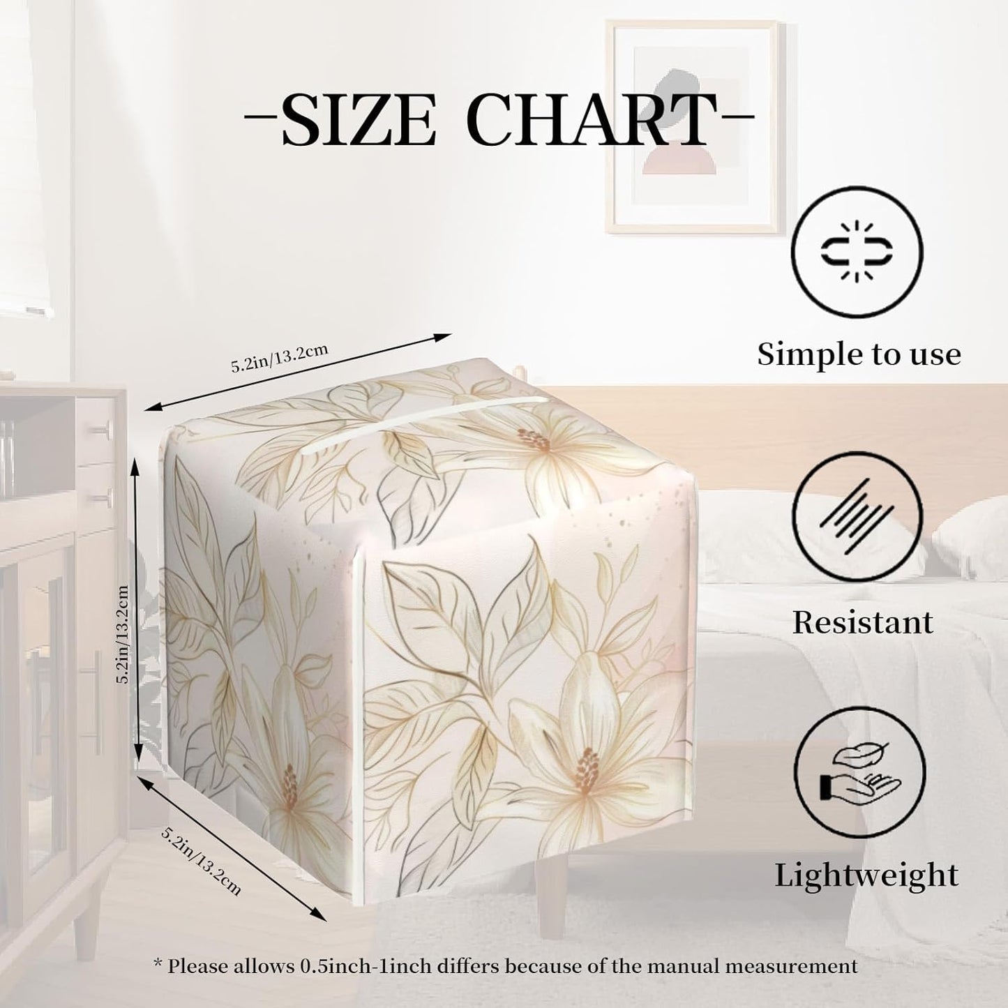 Tissue Box Cover,Pink Golden Boho Minimalist Flowers Pu Leather Square Tissue Box Cover Case Decorative Organizer for Bathroom Vanity Countertop Night Stands Office Desk & Car 5.2X5.2X5.2''
