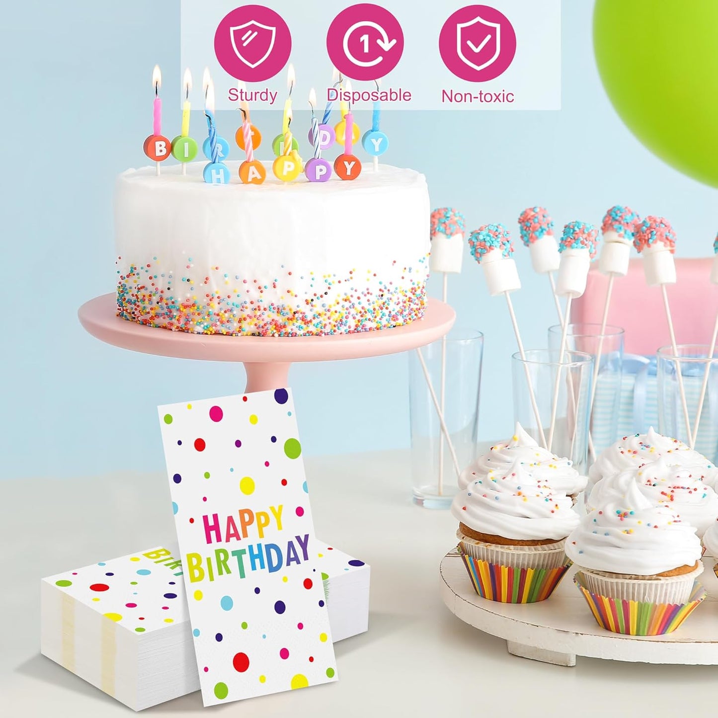 100 Pieces Happy Birthday Napkins Disposable Rainbow Polka Dot Party Napkins 7.8 x 4.3 Inch Colorful Paper Cocktail Napkins Birthday Supplies for Baby Shower Birthday Party Decorations