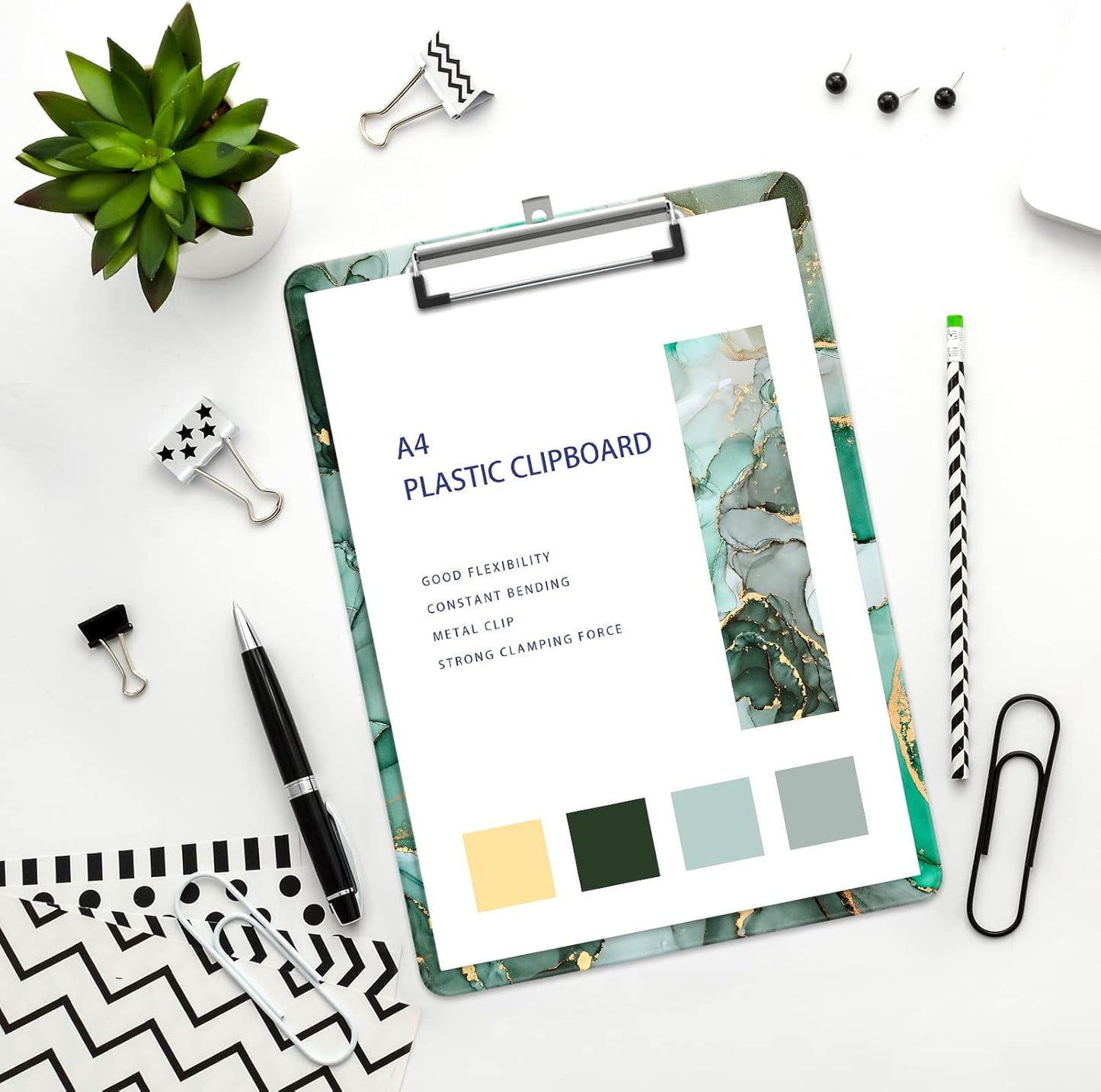 Plastic A4 Clipboards, Cute Clip Board Stardard Letter Size 9 x 12.5 in, Office Decorative for Students Women Men and Kids, Green Marble