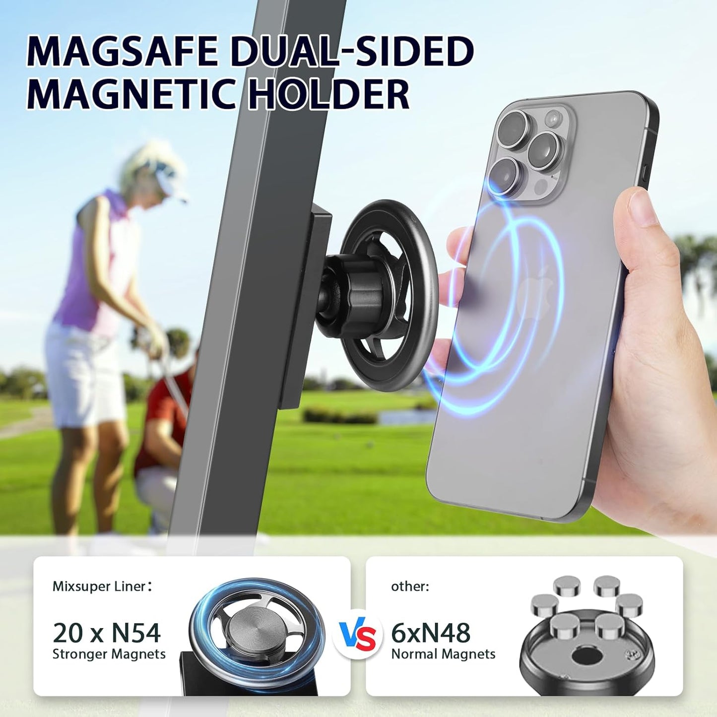 Mixsuper Golf Cart Phone Holder for Iphone 16 Pro Max 15 14 13 All Smartphones, 20× N54 Strong Magnetism Phone Holder for Golf Cart Fit the Ezgo, Club Car, Yamaha, 360 ° Rotation Golf Cart Phone Mount