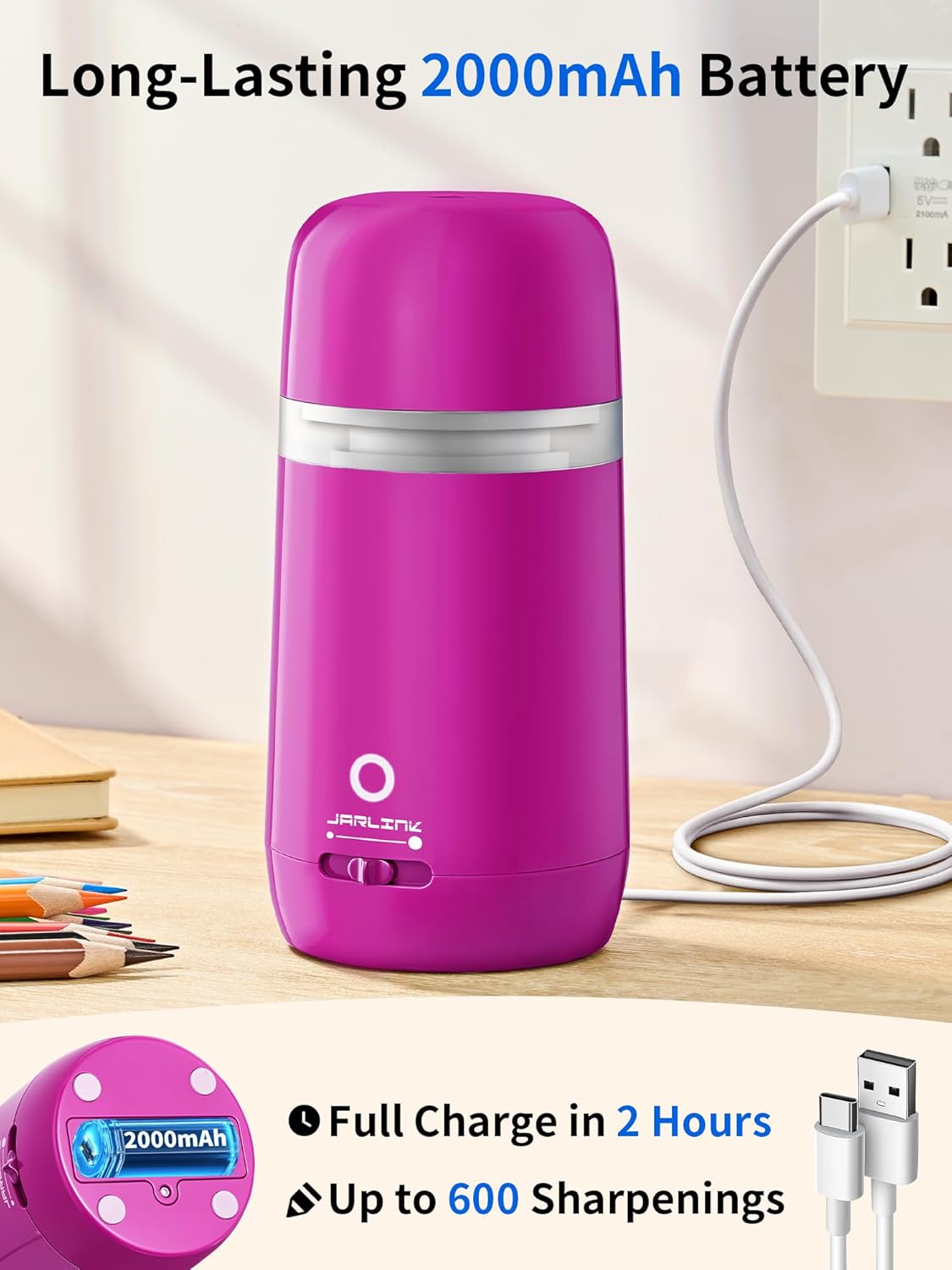 JARLINK Automatic Electric Pencil Sharpener - Hands-Free Operation, 3 Sharpness Modes, 3-Second Sharpening, Rechargeable & Portable for 7-12mm Pencils, Ideal for Classroom and Home Use (Purple)