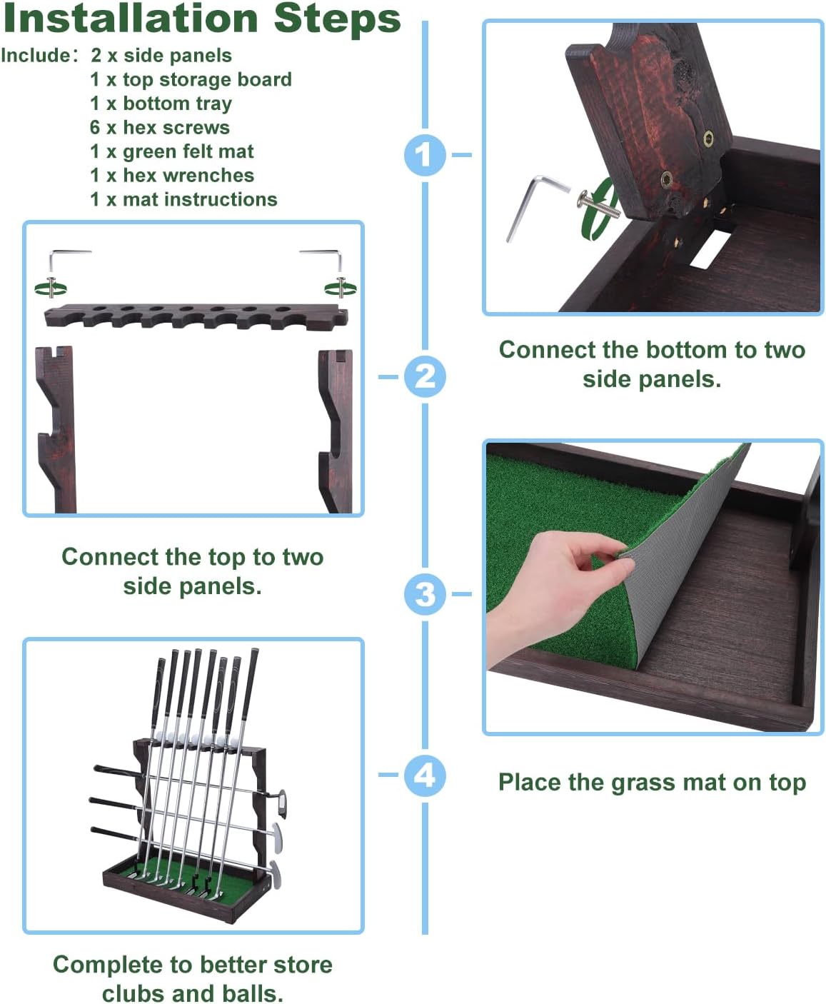 Golf Putter Stand, Wooden Golf Club Holder with Artificial Grass Mat, Holds 11 Clubs & 7 Golf Balls, Stand Floor Display Rack for Indoor Home Office Club Simulator