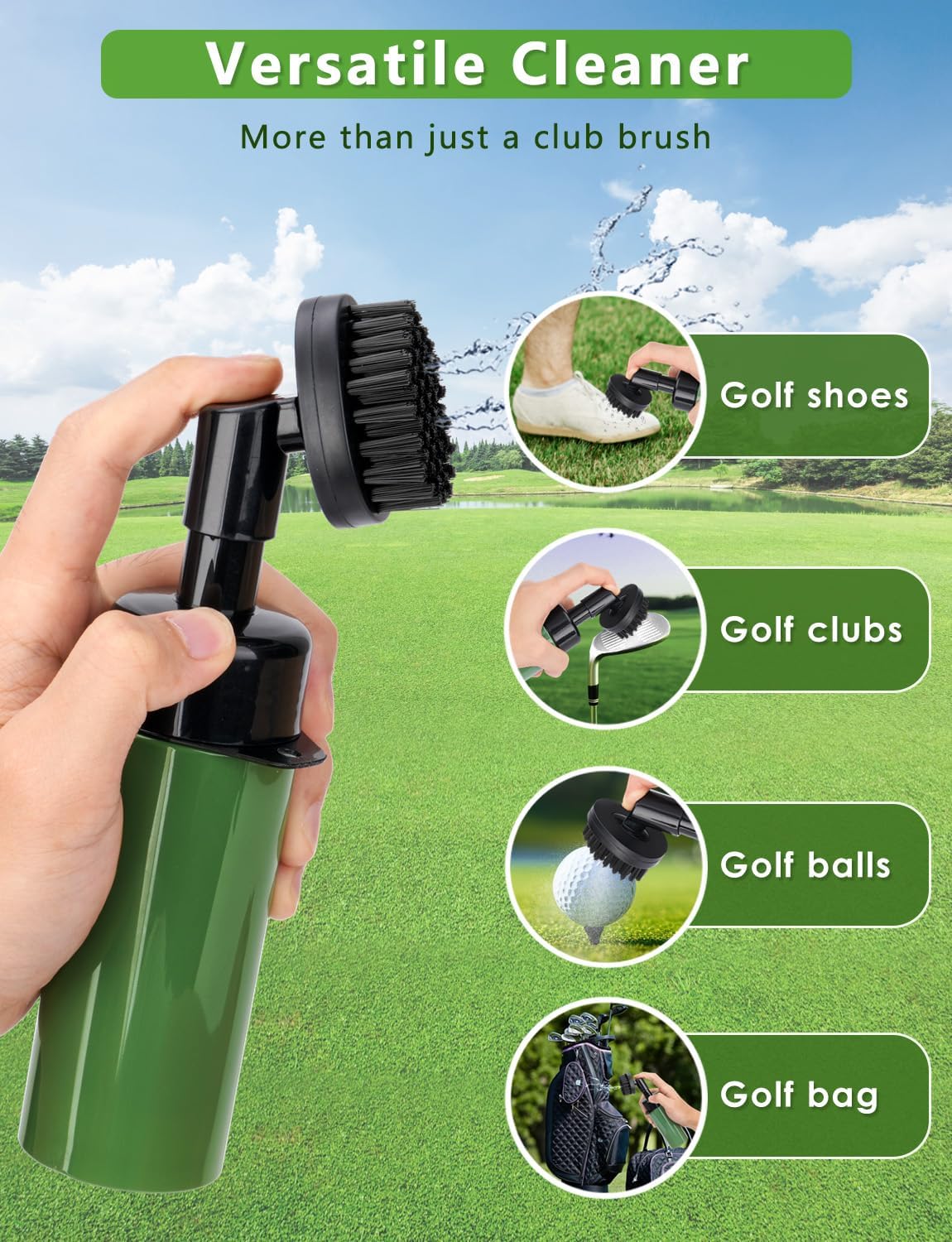 Oasser Pro Golf Club Brush Cleaner with Squeeze Water Bottle Retractable Clip and Retractable Clip 10.5 Inches Holds 5 Ounces of Water, Essentials Golf Accessories for Men Women Green