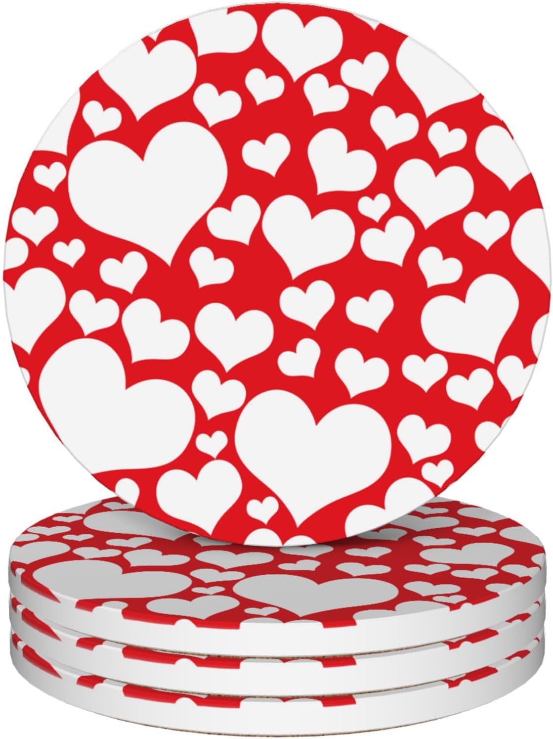 Coasters Set of 4, Red Heart Love Round 4" Cup Coasters, Absorbent Ceramic & Cork Base, Ideal Gifts for Women & Men