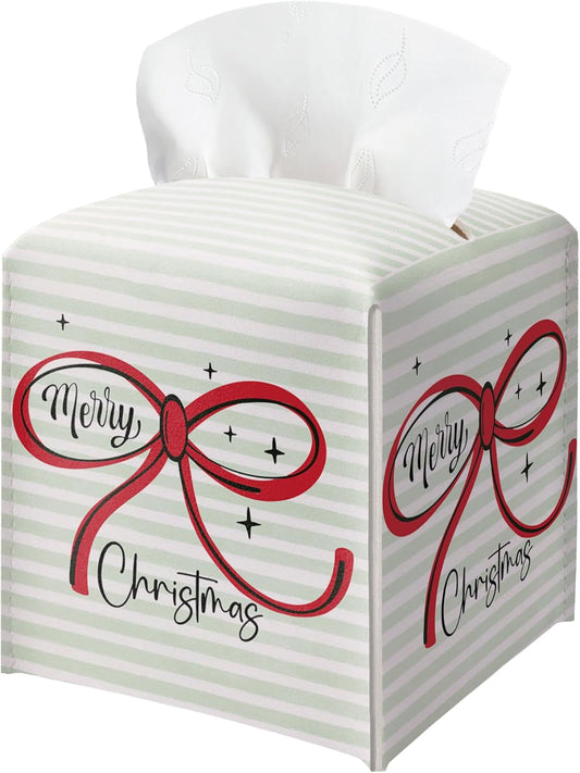 Merry Christmas Tissue Box Holder, Christmas Bow Leather Tissue Box Cover Square, Paper Facial Decorative Tissues Cover for Night Stands Bathroom Kitchen Office Home Decor-B25