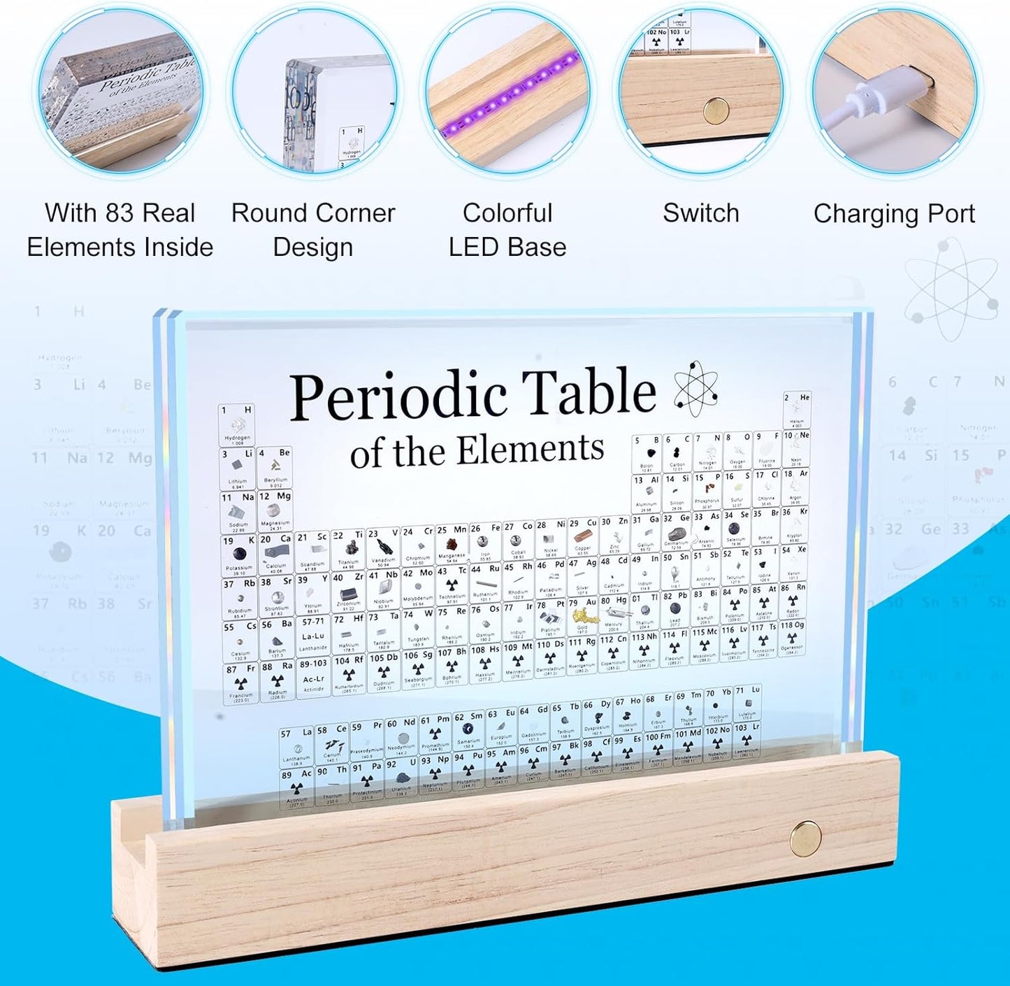 Rafecs Periodic Table with Real Elements Inside, Large Acrylic Periodic Table with Cordless LED Wooden Stand and Magnifier, Chemistry Gifts for Students, Kids, Teacher and Science Lovers