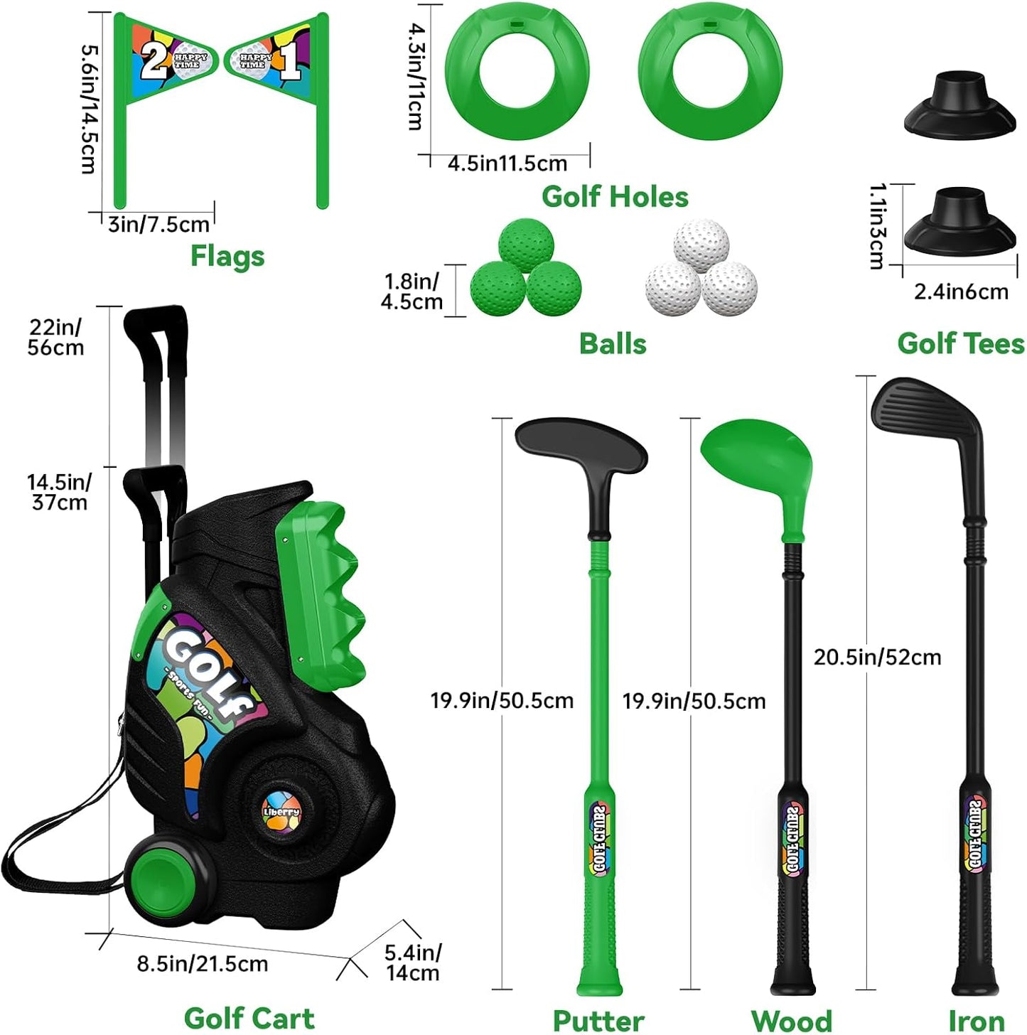 Liberry Toddler Golf Set for Boys Girls Age 2 3 4, Upgraded Kids Golf Cart with Shoulder Strap Design, Outdoor Indoor Sports Toys for Birthday, Black