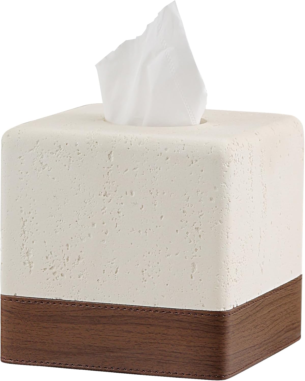 Tissue Box Cover Rectangle, Resin Facial Tissue Holder Covers Toilet Paper Holder Decorative Paper Dispenser Home Decor for Bathroom Bedroom Living Room Office (Off White with Leather)