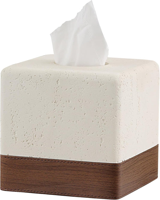 Tissue Box Cover Rectangle, Resin Facial Tissue Holder Covers Toilet Paper Holder Decorative Paper Dispenser Home Decor for Bathroom Bedroom Living Room Office (Off White with Leather)