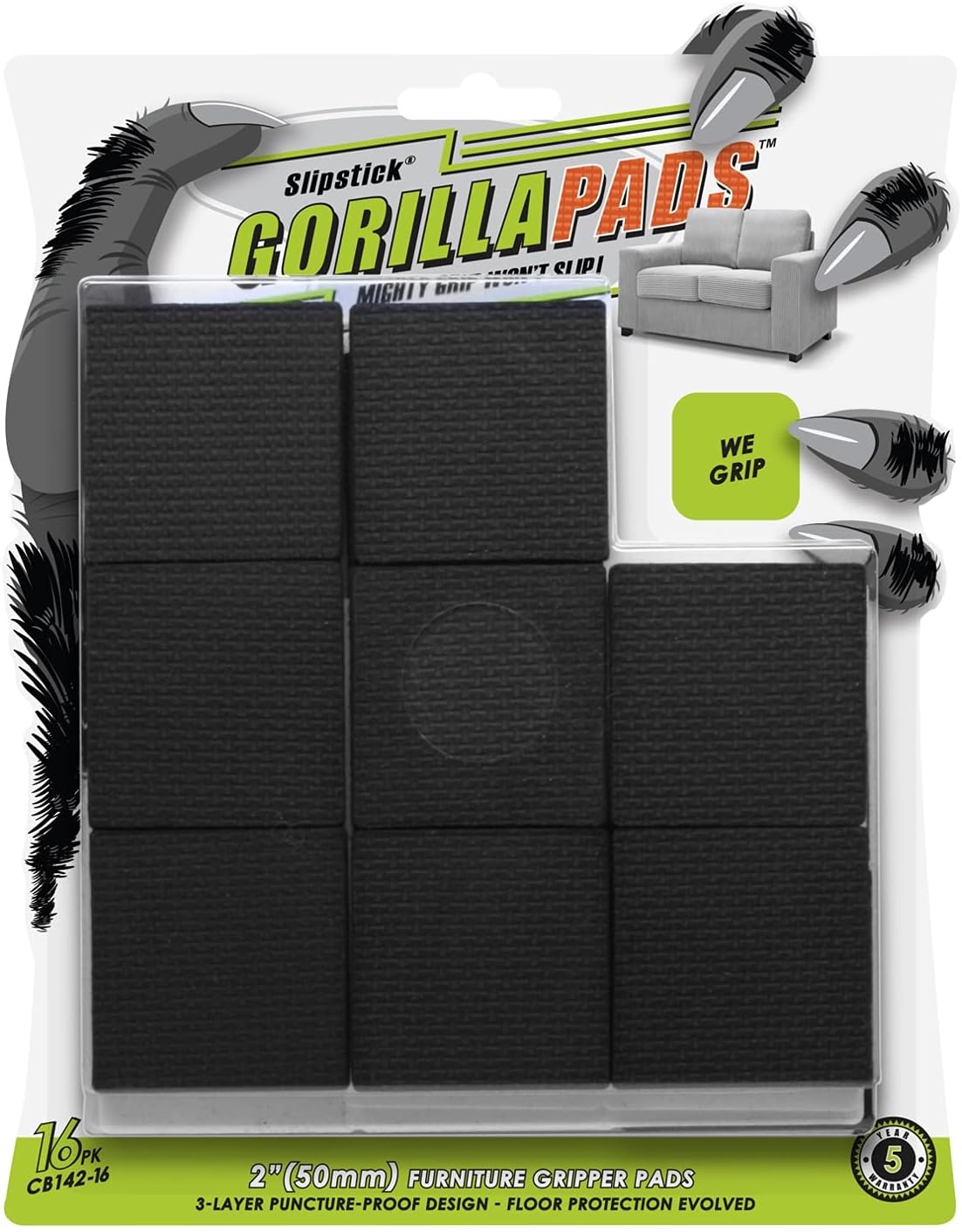 GorillaPads Non Slip Furniture Pads/Floor Gripping Pads (Set of 16 Grips) 2 Inch Square Floor Protectors for Under Furniture, Black, CB142-16