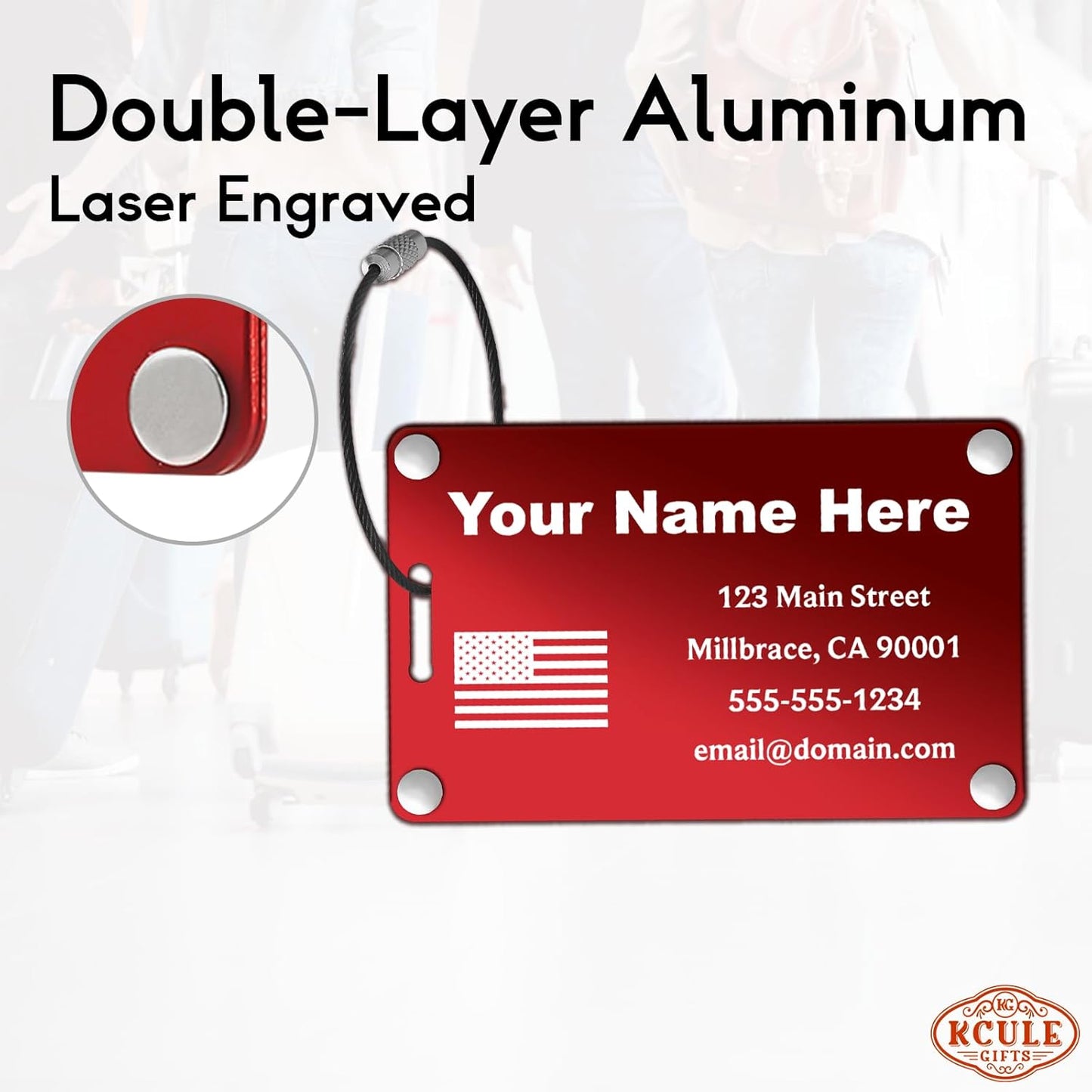 Personalized Metal Luggage Tags for Suitcases, Backpacks and Bags with Your Personalized Text (Red)