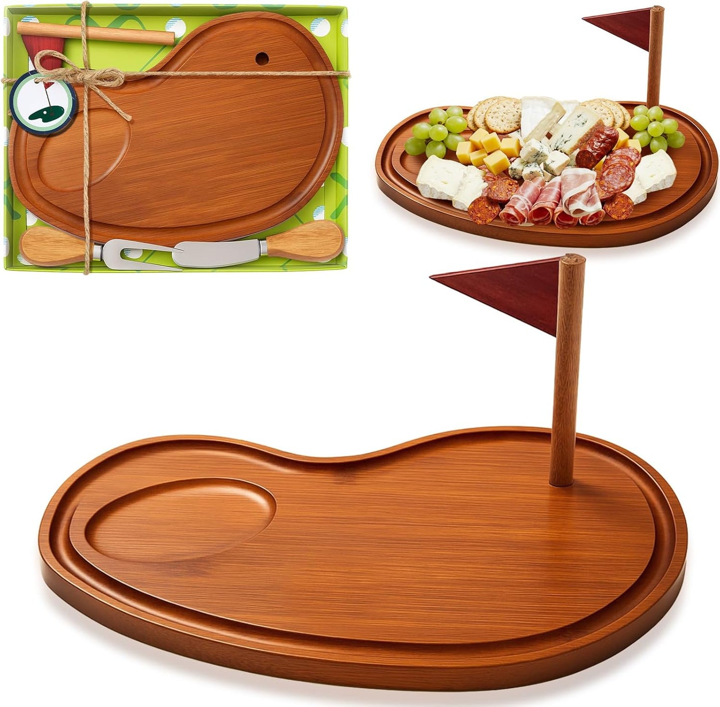 Golf Cheese Board Gift Set Party Favor Prizes Charcuterie Wood Board with Knives and Box for Dad Grandpa Party Tournament Game(Carbonized Bamboo Wood, Golf)